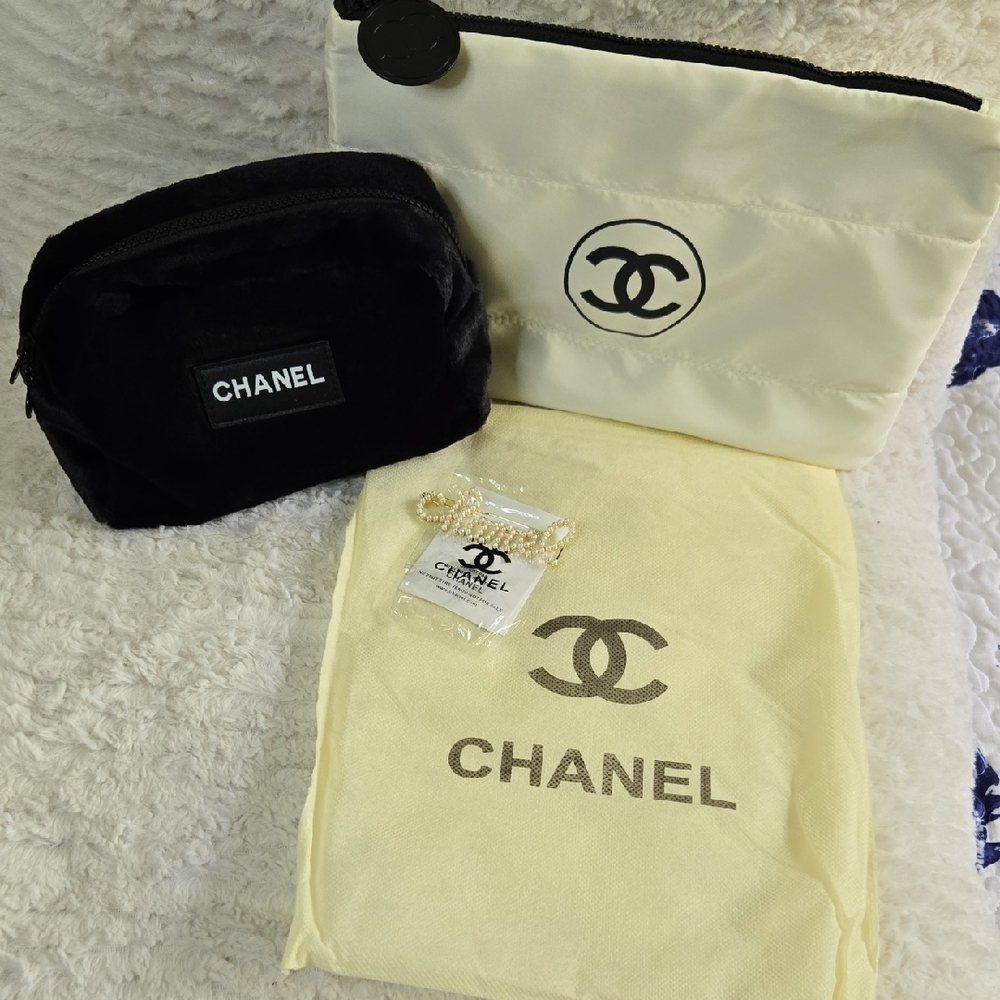 CHANEL Black Makeup Pouch with Cream Accents